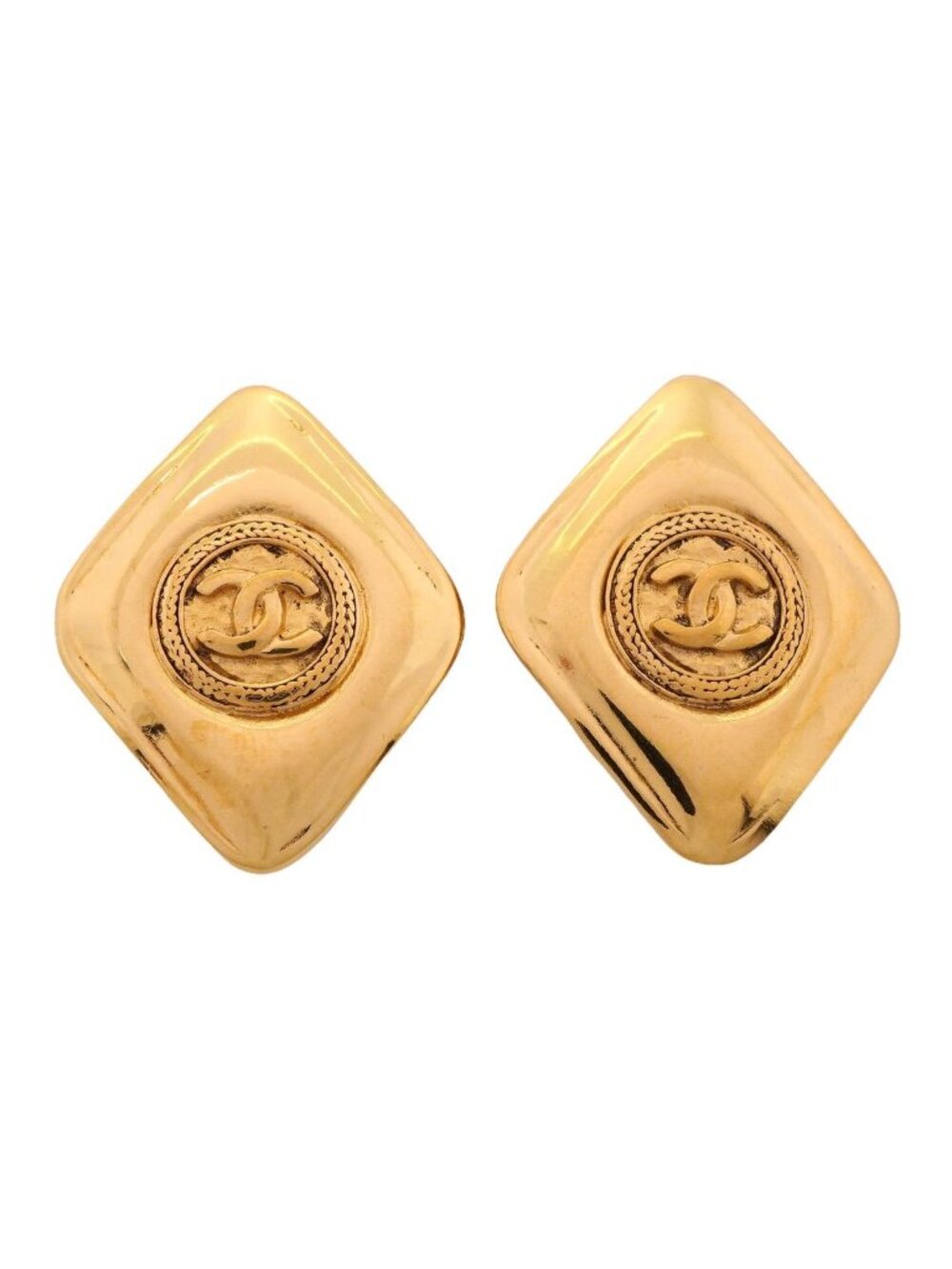 Chanel Earrings Vintage CC Logo Diamond Shape Gold Plated